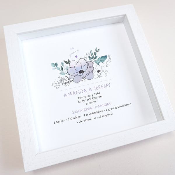 www.antdesigngifts.co.uk Print with a pearl colour flower design for 30th anniversary. Features names, wedding date, place and town of wedding, number of homes, children and grandchildren.