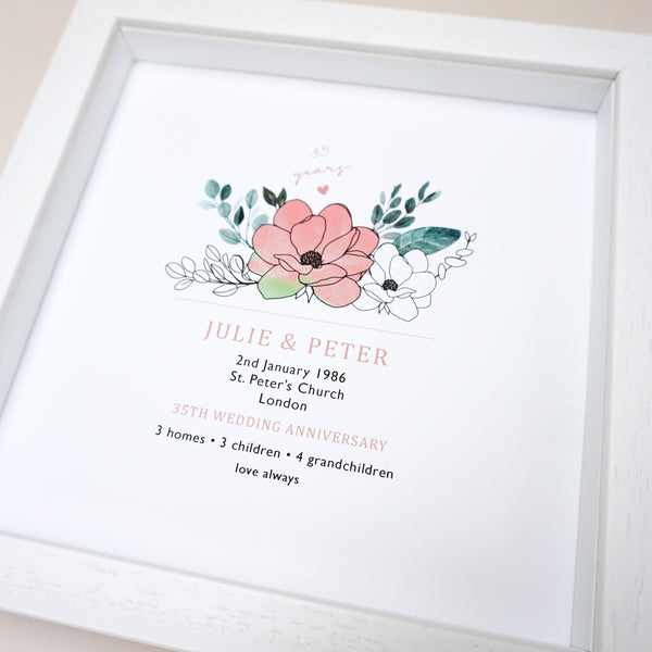 www.antdesigngifts.co.uk 35th anniversary print with a coral and jade flower design. Features names, wedding date, place and town of wedding, number of homes, children and grandchildren.