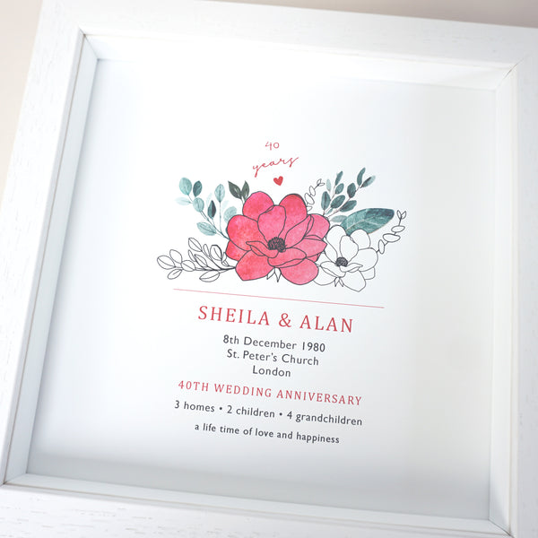 www.antdesigngifts.co.uk Print with a ruby red flower design for 40th anniversary. Features names, wedding date, place and town of wedding, number of homes, children and grandchildren.