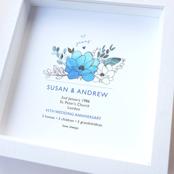 www.antdesigngifts.co.uk 45th anniversary print with a sapphire blue flower design. Features names, wedding date, place and town of wedding, number of homes, children and grandchildren.