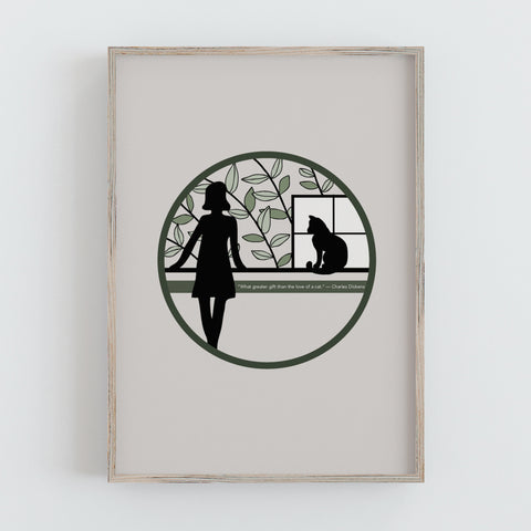 antdesigngifts.co.uk art print with hand drawn illustration of a lady with one cat sitting at the window. Personalised with your own quote