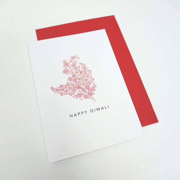 antdesigngifts.co.uk Diwali card with red paisley design. Handprinted in our studio. Supplied with a luxury red envelope 