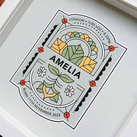 www.antdesigngifts.co.uk Personalised baby print in olive colour with baby stats