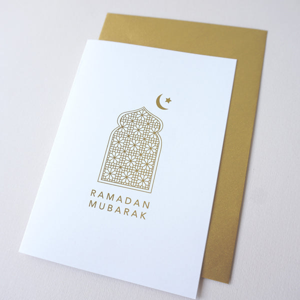 antdesigngifts.co.uk Ramadan Mubarak greeting card with arch doorway pattern. Hand printed in gold foil. Supplied with a luxury gold envelope. Blank inside