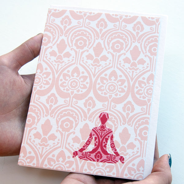 antdesigngifts.co.uk Yoga meditation greeting card in pink. Supplied with a luxury white envelope 