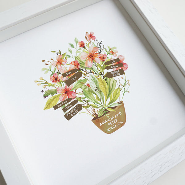 Personalised family tree print for grandparents including names of grandparents, children and grandchildren. Red flowers with green foliage in a plant pot