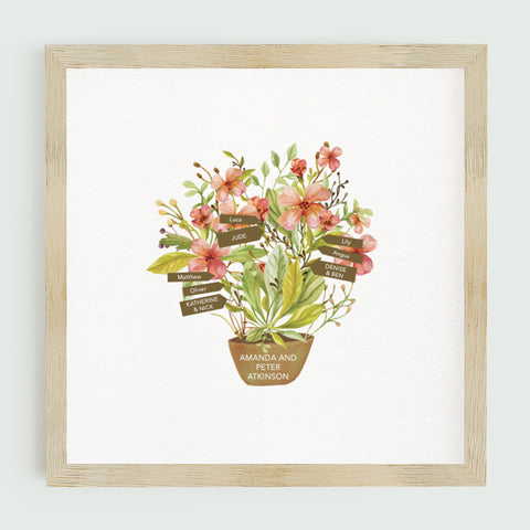 Personalised family tree print for grandparents including names of grandparents, children and grandchildren. Red flowers with green foliage in a plant pot