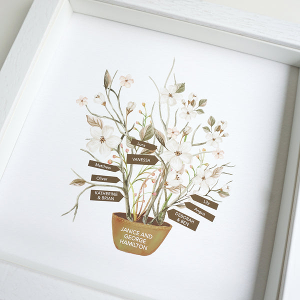 Personalised family tree print for grandparents including names of grandparents, children and grandchildren. White and pink flowers in a plant pot