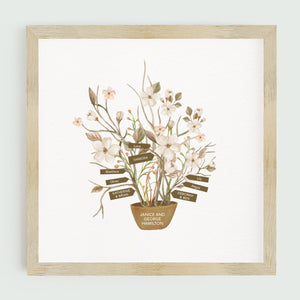 Personalised family tree print for grandparents including names of grandparents, children and grandchildren. White and pink flowers in a plant pot