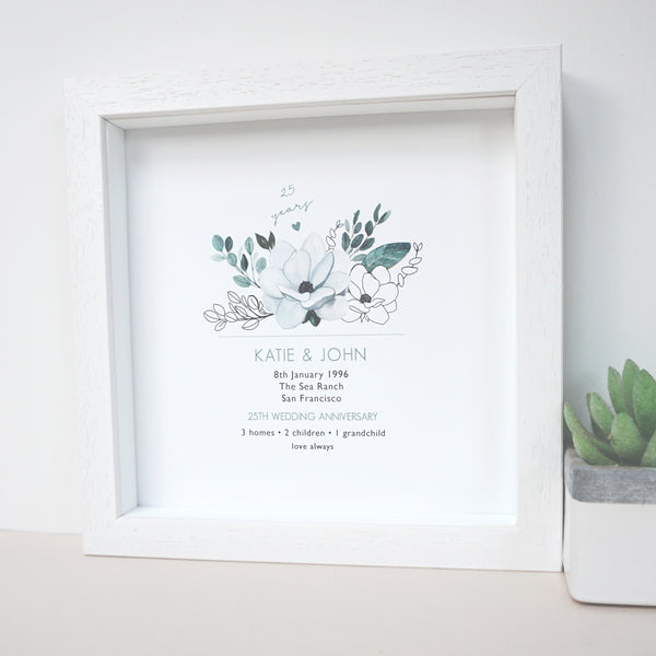 www.antdesigngifts.co.uk Personalised 25th wedding anniversary print in frame with silver tone flower design.  