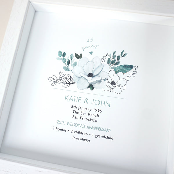 www.antdesigngifts.co.uk Personalised 25th wedding anniversary print in frame with silver tone flower design.  