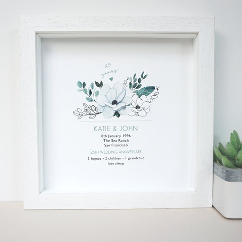 www.antdesigngifts.co.uk Personalised 25th wedding anniversary print in frame with silver tone flower design.  