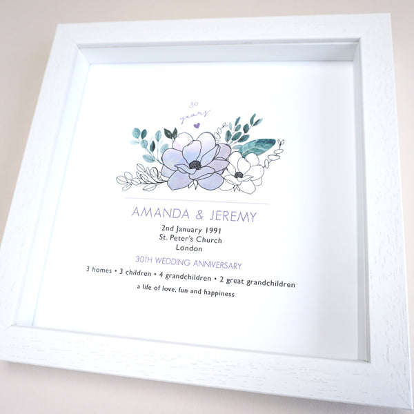 www.antdesigngifts.co.uk 30th anniversary gift with a pearl colour flower design. Features names, wedding date, place and town of wedding, number of homes, children and grandchildren.