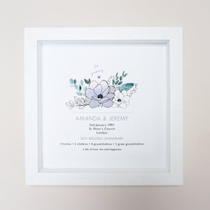 www.antdesigngifts.co.uk Print with a pearl colour flower design for 30th anniversary. Features names, wedding date, place and town of wedding, number of homes, children and grandchildren.