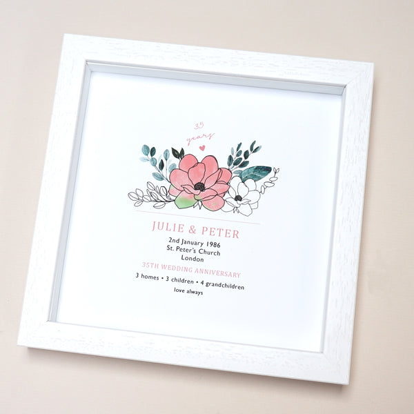 www.antdesigngifts.co.uk 35th anniversary print with a coral and jade flower design. Features names, wedding date, place and town of wedding, number of homes, children and grandchildren.