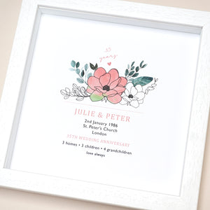 www.antdesigngifts.co.uk 35th anniversary print with a coral and jade flower design. Features names, wedding date, place and town of wedding, number of homes, children and grandchildren.