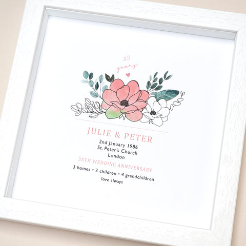 www.antdesigngifts.co.uk 35th anniversary print with a coral and jade flower design. Features names, wedding date, place and town of wedding, number of homes, children and grandchildren.