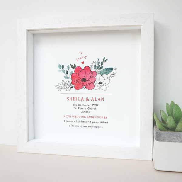 www.antdesigngifts.co.uk 40th anniversary gift print with a ruby red flower design. Features names, wedding date, place and town of wedding, number of homes, children and grandchildren.