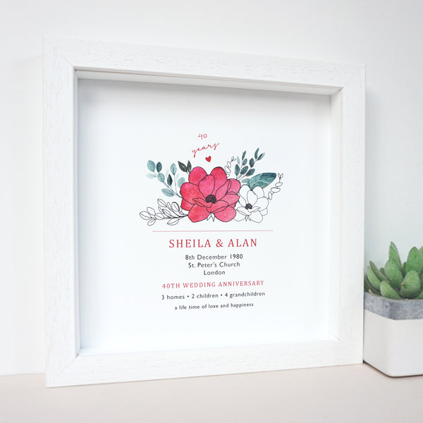 www.antdesigngifts.co.uk Print with a ruby red flower design for 40th anniversary. Features names, wedding date, place and town of wedding, number of homes, children and grandchildren.