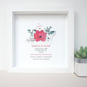 www.antdesigngifts.co.uk Print with a ruby red flower design for 40th anniversary. Features names, wedding date, place and town of wedding, number of homes, children and grandchildren.