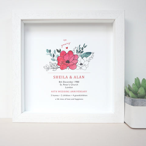 www.antdesigngifts.co.uk Print with a ruby red flower design for 40th anniversary. Features names, wedding date, place and town of wedding, number of homes, children and grandchildren.