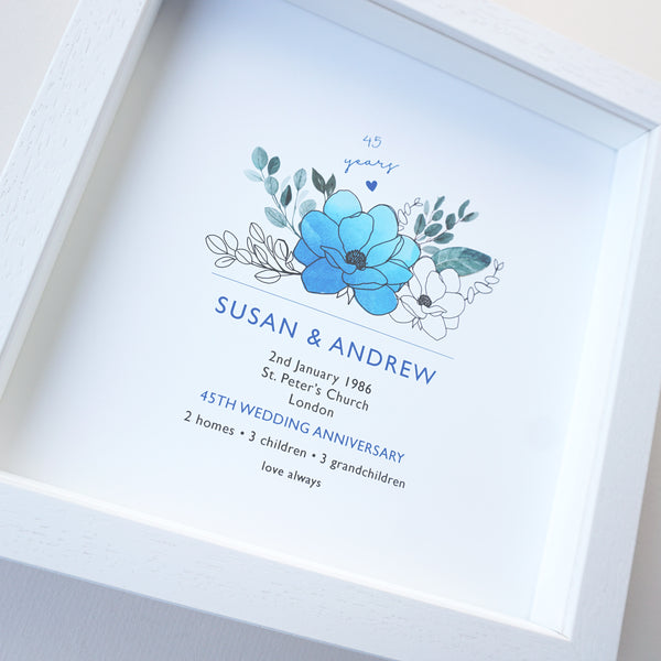 www.antdesigngifts.co.uk 45th anniversary print with a sapphire blue flower design. Features names, wedding date, place and town of wedding, number of homes, children and grandchildren.