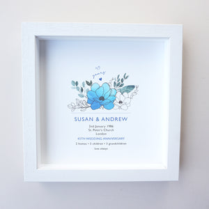 www.antdesigngifts.co.uk Print with a sapphire blue flower design for 45th anniversary. Features names, wedding date, place and town of wedding, number of homes, children and grandchildren.