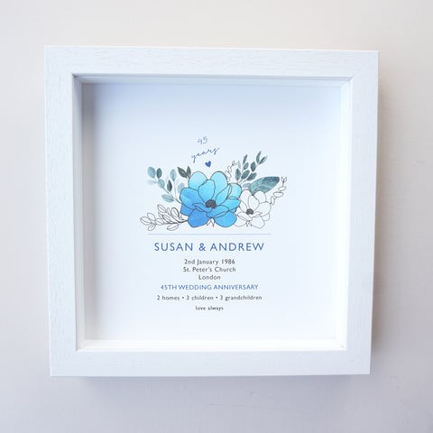 www.antdesigngifts.co.uk Print with a sapphire blue flower design for 45th anniversary. Features names, wedding date, place and town of wedding, number of homes, children and grandchildren.