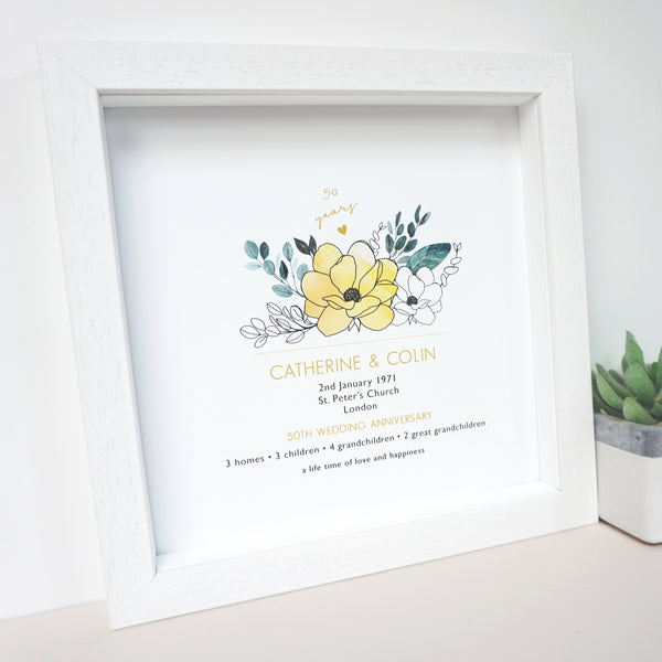 www.antdesigngifts.co.uk 50th anniversary print with a golden yellow flower design. Features names, wedding date, place and town of wedding, number of homes, children and grandchildren.
