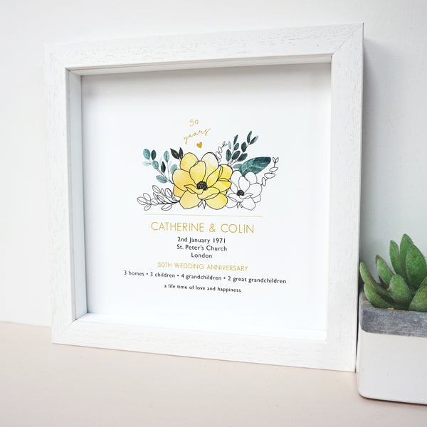 www.antdesigngifts.co.uk 50th anniversary print with a golden yellow flower design. Features names, wedding date, place and town of wedding, number of homes, children and grandchildren.