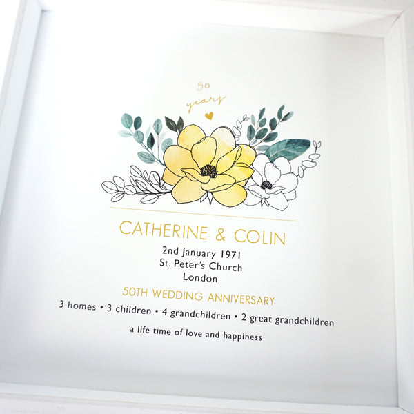 www.antdesigngifts.co.uk 50th anniversary print with a golden yellow flower design. Features names, wedding date, place and town of wedding, number of homes, children and grandchildren.