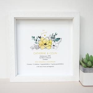 www.antdesigngifts.co.uk 50th anniversary print with a golden yellow flower design. Features names, wedding date, place and town of wedding, number of homes, children and grandchildren.