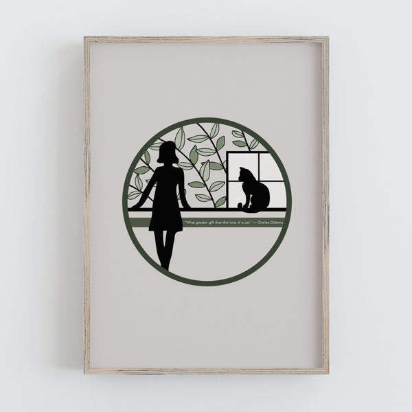 antdesigngifts.co.uk art print with hand drawn illustration of a lady with one cat sitting at the window. Personalised with your own quote