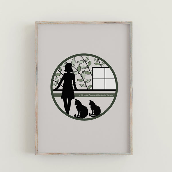 antdesigngifts.co.uk art print with hand drawn illustration of a lady with two black cats. Personalised with your own quote
