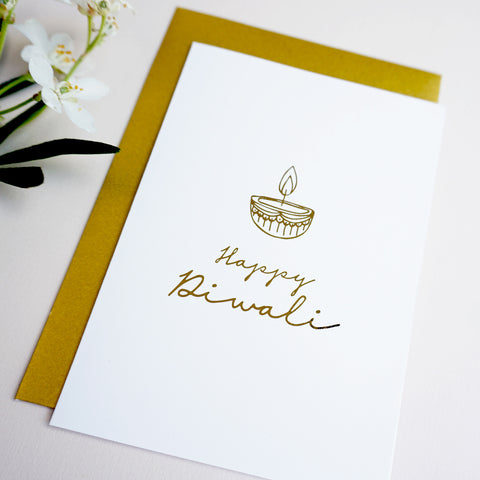 antdesigngifts.co.uk Diwali card in gold foil. Handprinted in our studio. Supplied with a luxury gold envelope 