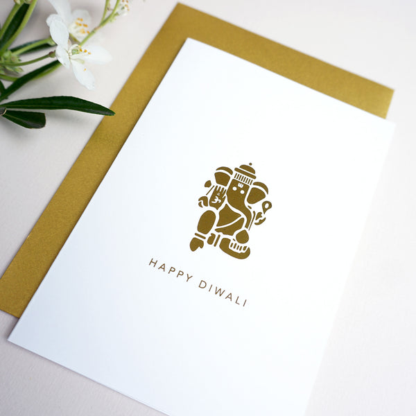 antdesigngifts.co.uk Diwali card with Lord Ganesha in gold foil. Handprinted in our studio. Supplied with a luxury gold envelope 