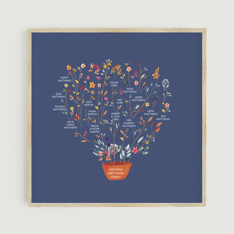 www.antdesigngifts.co.uk Personalised family tree botanical design with great grandparents, grandparents, children, grandchildren and great grandchildren names. Blue background