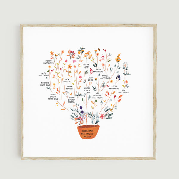 www.antdesigngifts.co.uk Personalised family tree botanical design with great grandparents, grandparents, children, grandchildren and great grandchildren names. White background with orange flowers