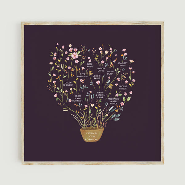 www.antdesigngifts.co.uk Personalised family tree botanical design with great grandparents, grandparents, children, grandchildren and great grandchildren names. Dark purple eggplant aubergine background