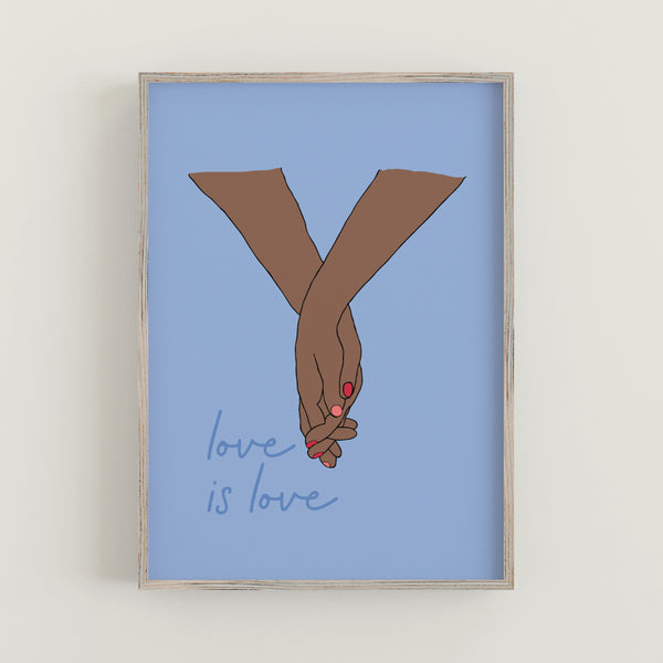antdesigngifts.co.uk art print with two holding hands with the words Love is Love. Blue background with a choice of 3 skin tones