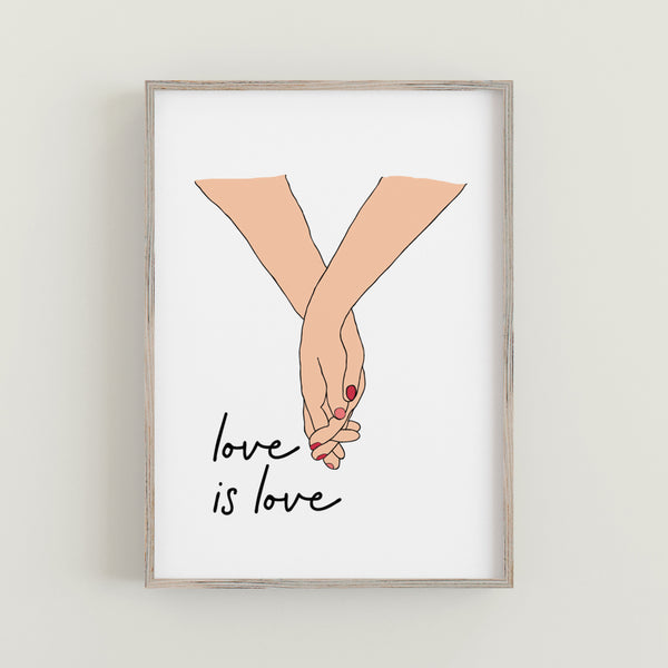 antdesigngifts.co.uk art print with two holding hands with the words Love is Love. White background with a choice of 3 skin tones