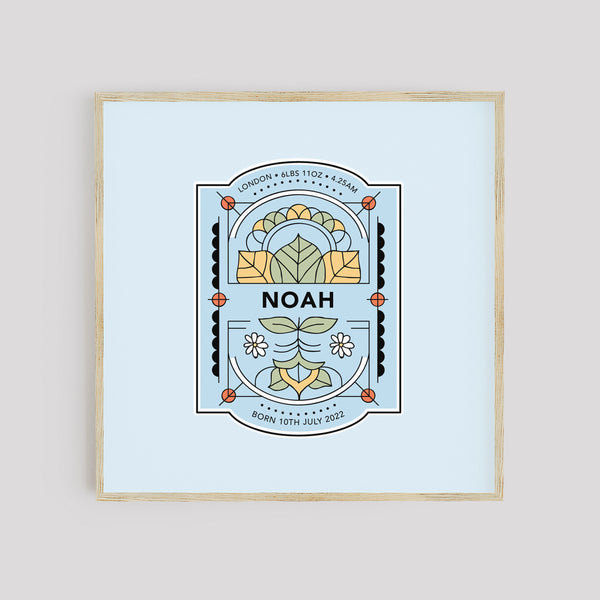 www.antdesigngifts.co.uk Personalised baby print in pale blue colour with baby stats