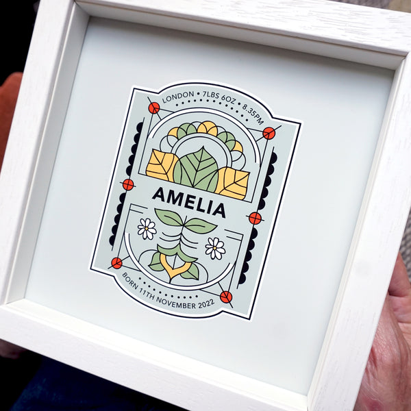 www.antdesigngifts.co.uk Personalised baby print in olive colour with baby stats - name, birth date, birth weight, birth time, place of birth