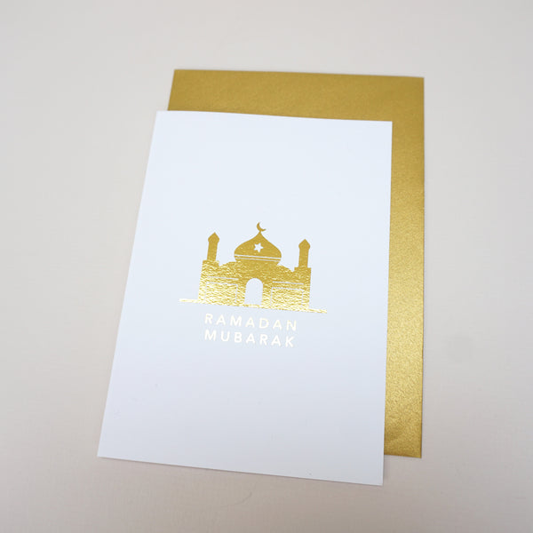 antdesigngifts.co.uk Ramadan Mubarak greeting card with mosque design. Hand printed in gold foil. Supplied with a luxury gold envelope. Blank inside