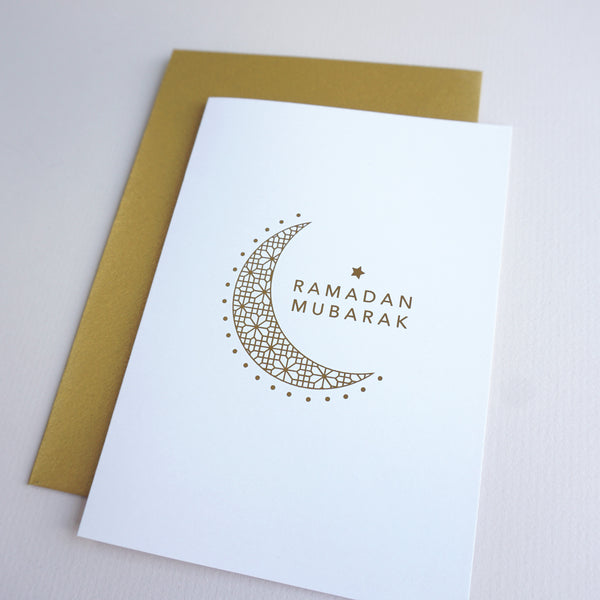 antdesigngifts.co.uk Ramadan Mubarak greeting card with crescent moon and star. Hand printed in gold foil. Supplied with a luxury gold envelope. Blank inside