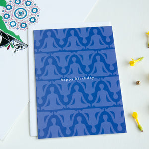 antdesigngifts.co.uk Yoga greeting card in blue. A birthday card. Supplied with a luxury white envelope 