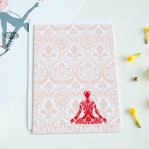 antdesigngifts.co.uk Yoga or meditation greeting card in pink. Supplied with a luxury white envelope 