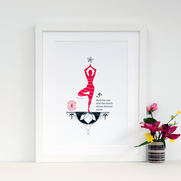 www.antdesigngifts.co.uk Yoga art print with tree pose and quotation. Vrksasana